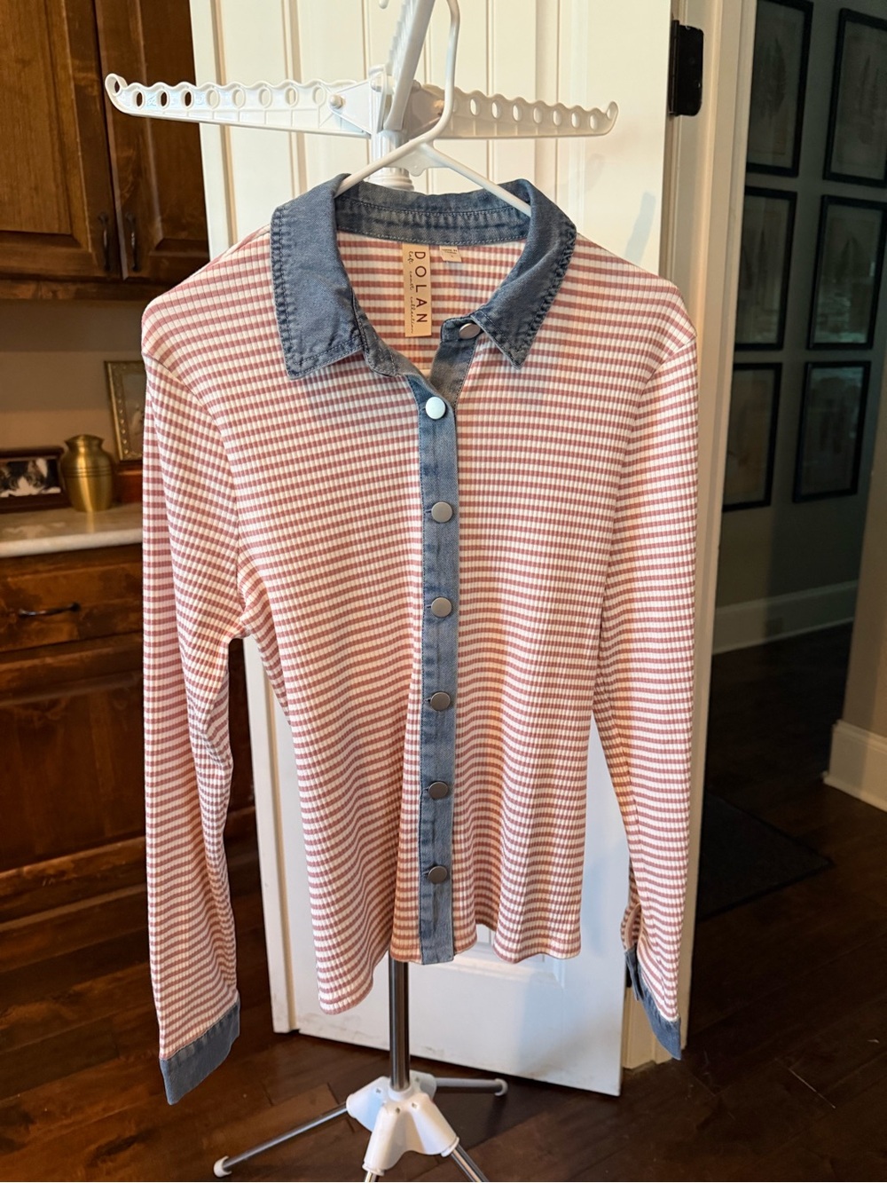 dolan Pink and White Stripe Button-Front Top with Chambray Trim